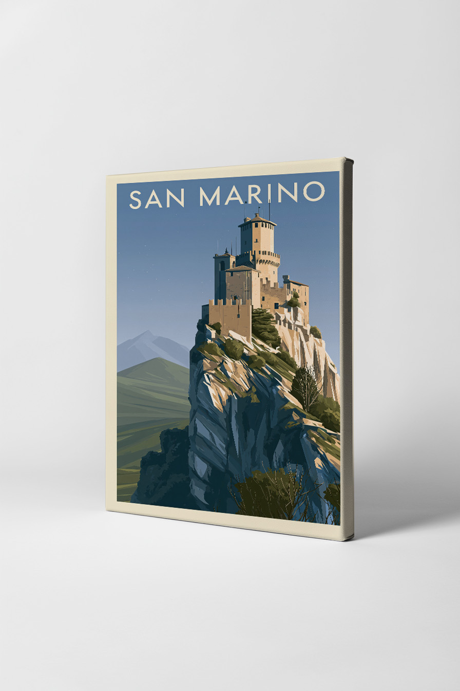 Illustration Poster Burg auf Felsen San Marino klarer Himmel