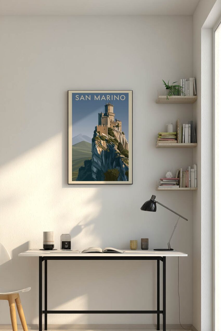Illustration Poster Burg auf Felsen San Marino klarer Himmel