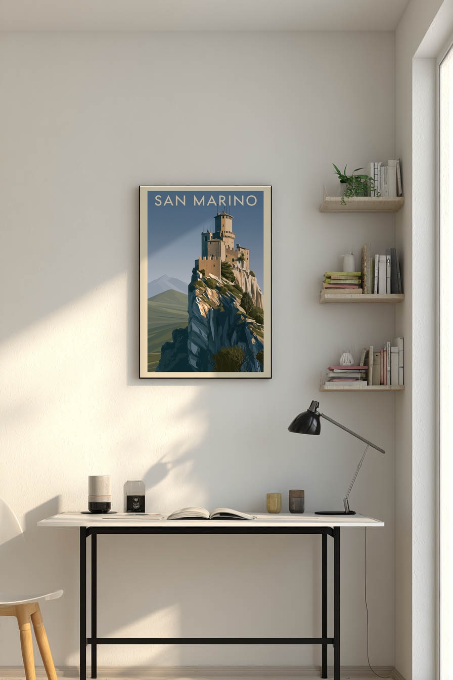 Illustration Poster Burg auf Felsen San Marino klarer Himmel