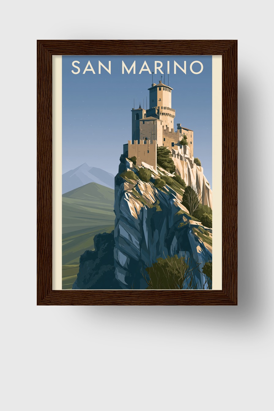Illustration Poster Burg auf Felsen San Marino klarer Himmel