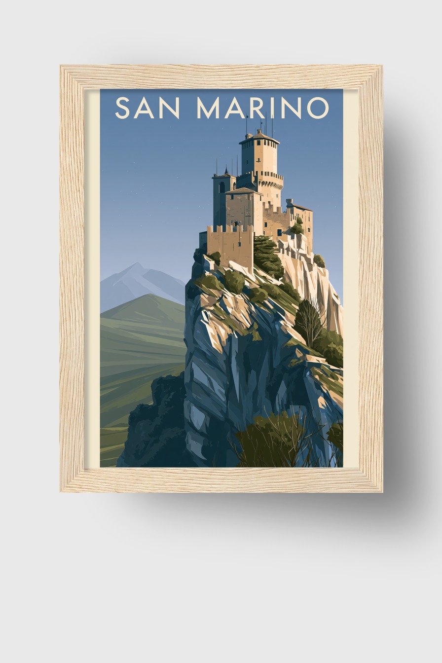 Illustration Poster Burg auf Felsen San Marino klarer Himmel