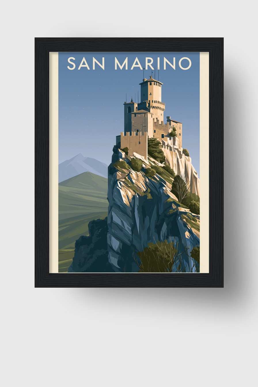 Illustration Poster Burg auf Felsen San Marino klarer Himmel