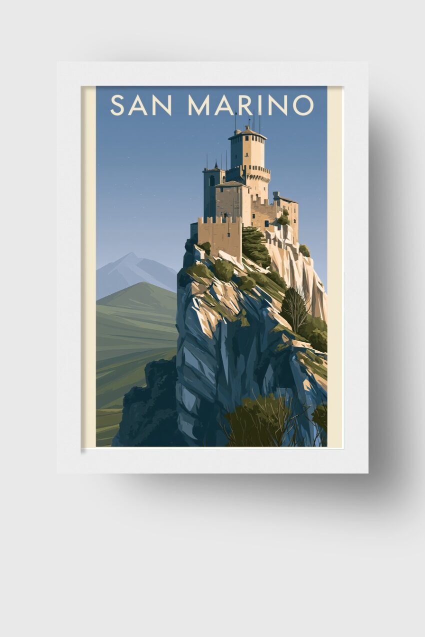 Illustration Poster Burg auf Felsen San Marino klarer Himmel